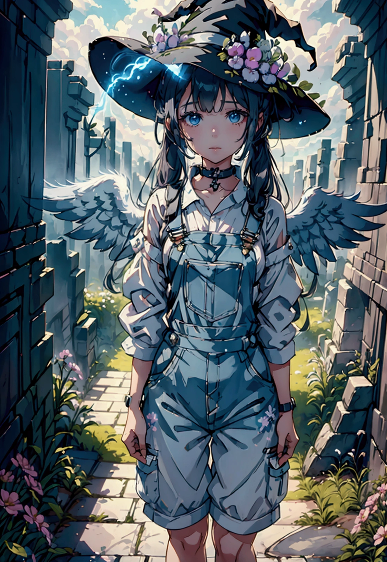 a girl with twin tails wearing a white shirt, overalls, with angel wings and a witch hat, holding a sci-fi scythe, standing in ancient ruins surrounded by flowers, intricate details, cinematic lighting, fantasy, anime style, 8k, high quality, dynamic scene, nsfw
