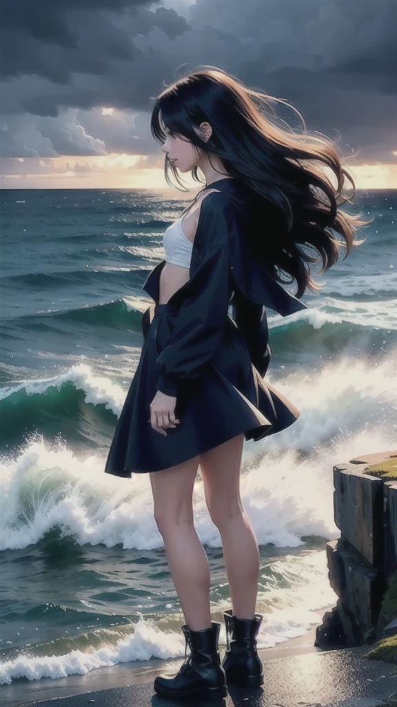 silhouette art, 1 girl with aesthetic small breasts and very tousled shaggy long dark hair, fluttering in the wind, sketch,  anime key visual,  landscape of ultra-realistic cliff edge and stormy stormy sea, At noon, sketch, Islandpunk, moody lighting, oversaturated, overlapping compositions