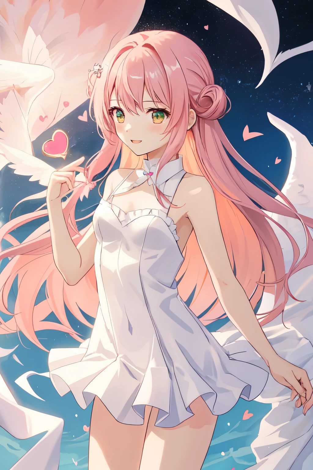 1_girl, (anime, kawai:2), (masterpeice, best_quality, clean:1.5), (sky_background:1.2), (cute, cute_smile, wholesome, young:1.8), (delicate, extremely_delicate, beautiful, thin:1.5), (girlfriend, angel:1.8), (green_eyes, simple_eyes:1.8) (long_hair, blond_hair:1.5), (wearing_pink_dress, pink_angel_wings:1.8), (combat:1.2), extremely_delicate, (love_magic:1.5), (age_size_fits_body), (small_thighs:1.3), (breasts), (eye_level:1.3), (heart_magic, love:1.5), (warm:1.2), (folded_legs:1.5)