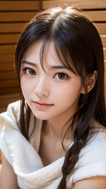 Highest quality, Face Focus, Soft Light, Ultra-high resolution, (Realistic:1.4), RAW Photos,
1 Japanese girl, alone, cute, (pupil, light in your eyes),  Beautiful face in every detail, (),(High resolution detail of human skin texture),
(Long Hair)、smile:1.1，Sweating profusely、sweating、Flowing sweat、Sauna Rules,Wrap a towel around your body,High angle、(Portraiture)