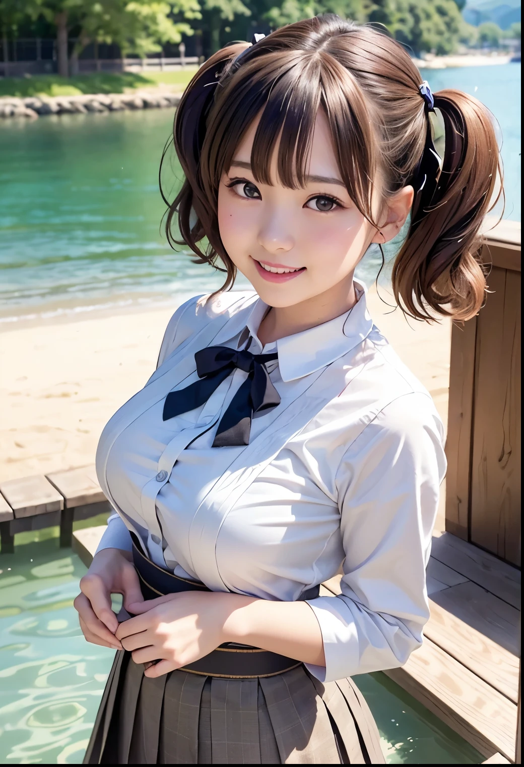 (Highest quality,masterpiece:1.3,Ultra-high resolution),(Very detailed、Caustics) (Realistic:1.4, RAW shooting、)Ultra-Realistic Capture、Very detailed、Natural skin texture、masterpiece、(A Japanese elementary school girl wearing a blouse and pleated skirt:1.3)、Adorable expression、Expressions of happiness、10 years old、height: 140cm、Baby Face、Pure girl、Amazingly cute、Twin tail hairstyle、Curly Hair、ribbon、Black Hair、Large Breasts、Shining thighs、Shining ass、necklace、Shade by the lake、Background details、smile、An inviting gaze、(Anatomically correct)、Cowboy Shot、Attention to detail、(Lift your chest with both hands:1.0)、