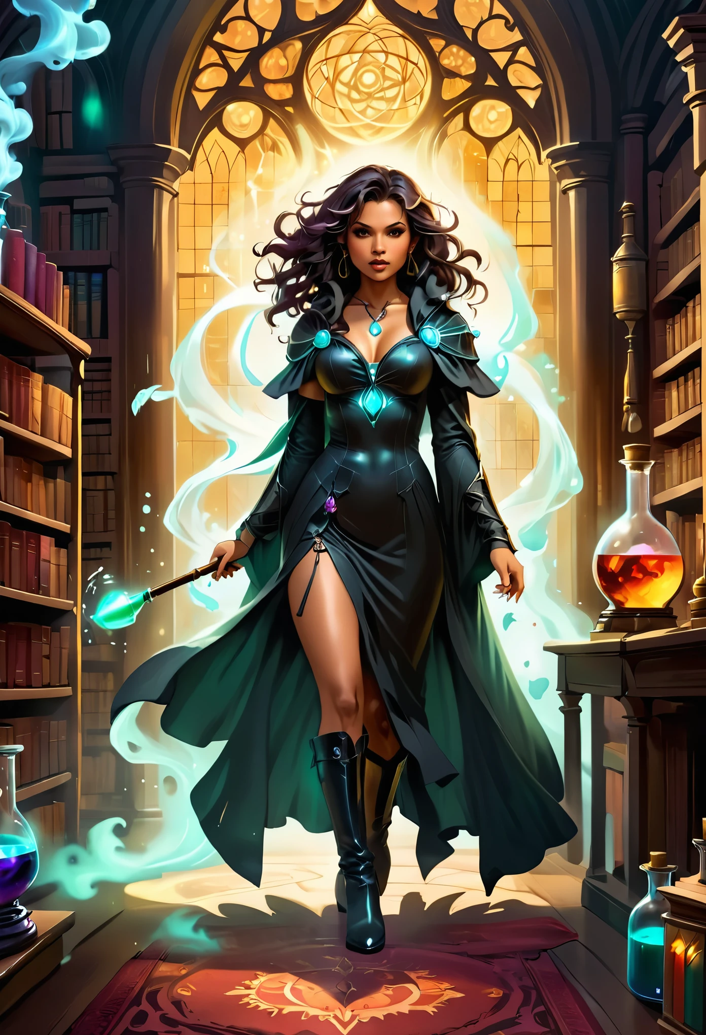 a sorceress casting a AlchemyPunkAI spell in magical library exquisite beautiful human woman ((full body shot: 1.5)), ((anatomically correct: 1.5)) (ultra detailed face: 1.2), dynamic skin complexion, dynamic hair style, dynamic hair color,  she is wearing a long dark dress, intricate dark dress, long white cloak, (high heeled boots: 1.3) fantasy magical laboratory, books, potions, and magical study items,  background,  vibrant, Ultra-high resolution, High Contrast, (masterpiece:1.5), highest quality, Best aesthetics), best details, best quality, highres, 16k, [ultra detailed], masterpiece, best quality, (extremely detailed) RAW,fantasy art, dnd art, fantasy art, realistic art,  (ultra details, Masterpiece, best quality), AlchemyPunkAI, Cinematic Hollywood Film