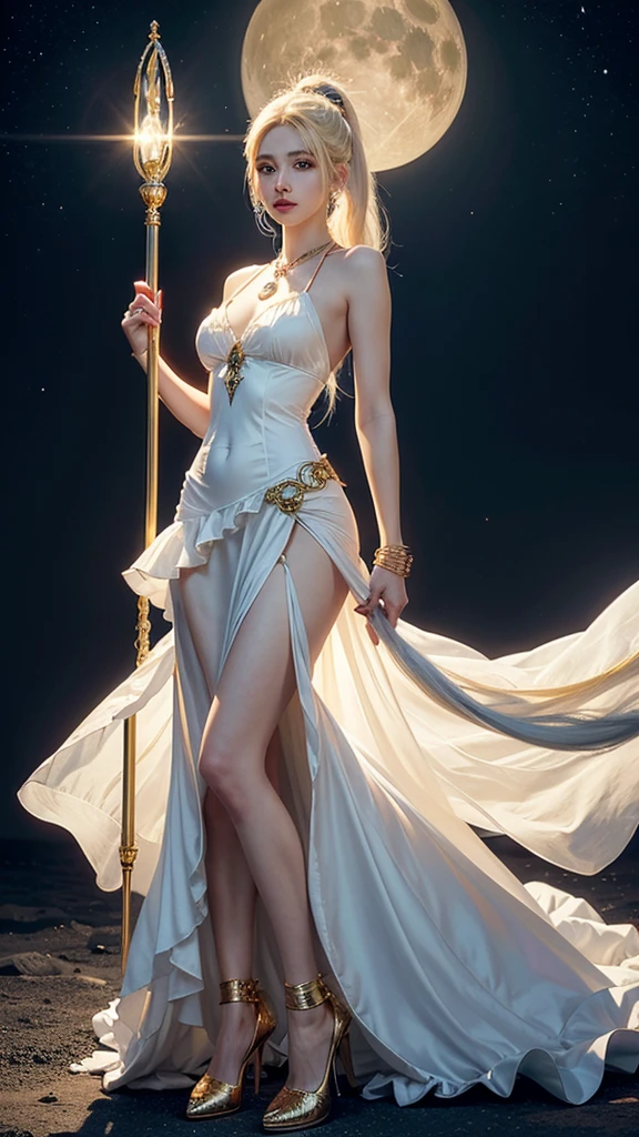 pretty girl, masterpiece, Highest Quality, (Solo full body Focus), (Perfect face:1.1), (high detailing:1.1), (ultradetailed eyes), Dramatic, woman with pale skin and long voluminous yellow hair, blue eyes, Solo, Long hair, Moon, Night, white luxury long drees with frills, Covered navel, Pouty lips, arrogant expression, rose garden, Detailed background, Art by Artgerm, Cinematic lighting, roses, Fashion, BalenciagaStyle, full body, long drees, magical girl, long yellow hair with two high pony tail, full body details, two leg, two arm, holding moon staff, moon scepter, high heels, white dress, magical dress, hourglass figure, small nose, red lips, small nose, white skin, earrings, rings, necklace, bracelet, jewelry, full body details, long white dress with frills and gold details, gold details, on her forehead gold moon symbol, in her hands long moon Staff scepter, magical girl, long wavy yellow hair with two high pony tail, on the dress frills, long moon Staff A little pretty , big breasts, big , realistic picture, white dress with frills, gold jewelry, gold details on the dress, hourglass figure, long dress with frill, yellow hair, two high long pony tail, Lunar Staff, Lunar scepter, two high pony tail,