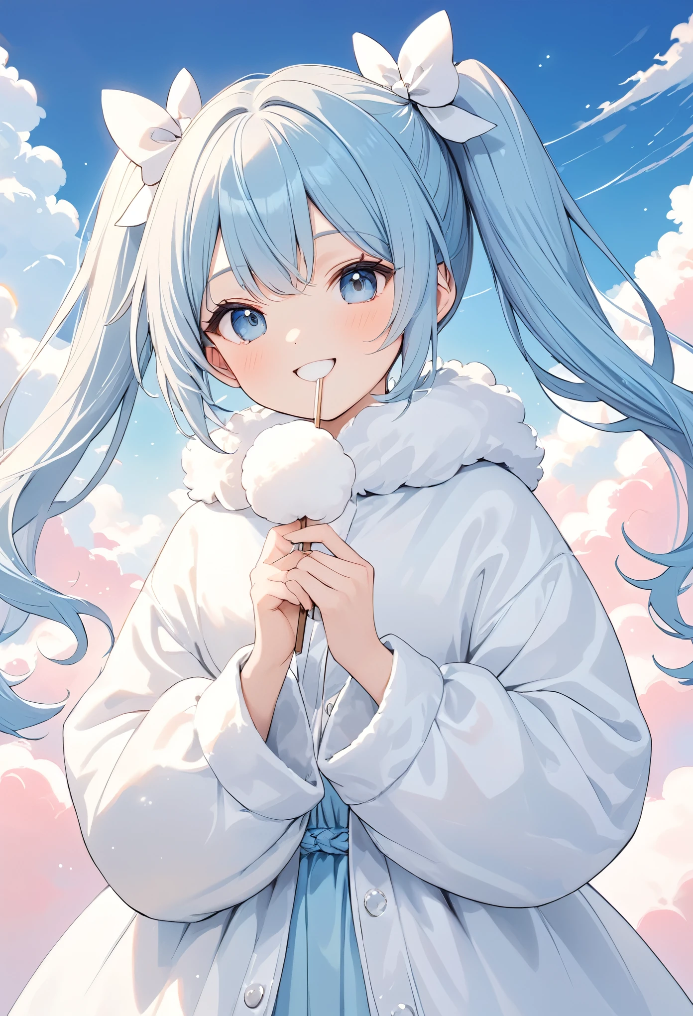 fluffy, soft ((Highest quality)), ( Very detailed, Best details,  Beauty and aesthetics: 1.2), whole body, (a bit), (Beautiful and detailed: 1.3), (wonderful:1), Colorful clouds blurred background、 fluffy, soft ((Highest quality)), ( Very detailed, Best details,  Beauty and aesthetics: 1.2), composition, whole body, (a bit), (Beautiful and detailed: 1.3), (wonderful:1), Colorful clouds blurred background,One girl, Beautiful girl with long light blue hair and twin tails, eating fluffy marshmallows, bright smile, white fluffy costume