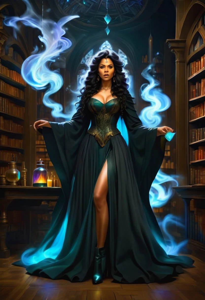 a sorceress casting a AlchemyPunkAI spell in magical library exquisite beautiful human woman ((full body shot: 1.5)), ((anatomically correct: 1.5)) (ultra detailed face: 1.2), dynamic skin complexion, dynamic hair style, dynamic hair color,  she is wearing a long dark dress, intricate dark dress, small cleavage, long white cloak, (high heeled boots: 1.3) fantasy magical laboratory, books, potions, and magical study items,  background,  vibrant, Ultra-high resolution, High Contrast, (masterpiece:1.5), highest quality, Best aesthetics), best details, best quality, highres, 16k, [ultra detailed], masterpiece, best quality, (extremely detailed) RAW,fantasy art, dnd art, fantasy art, realistic art,  (ultra details, Masterpiece, best quality), AlchemyPunkAI, Cinematic Hollywood Film