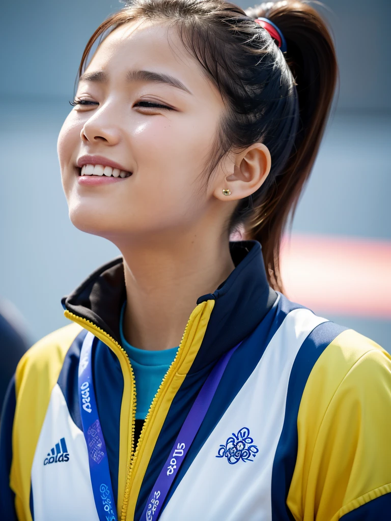 1 girl, in olympic jacket:1.2, ponytail, crying:1.3, touching, smiling, close eyes, kissing gold medal:1.3, high resolution, high detail, detailed face, emotional, 8k, best quality, realistic, cowboy shot:1.2 cinematic lighting, light from the back, bokeh, tearing up:1.3, gold medal:1.3, blue leggings:1.2, droplets on her cheeks:1.3
