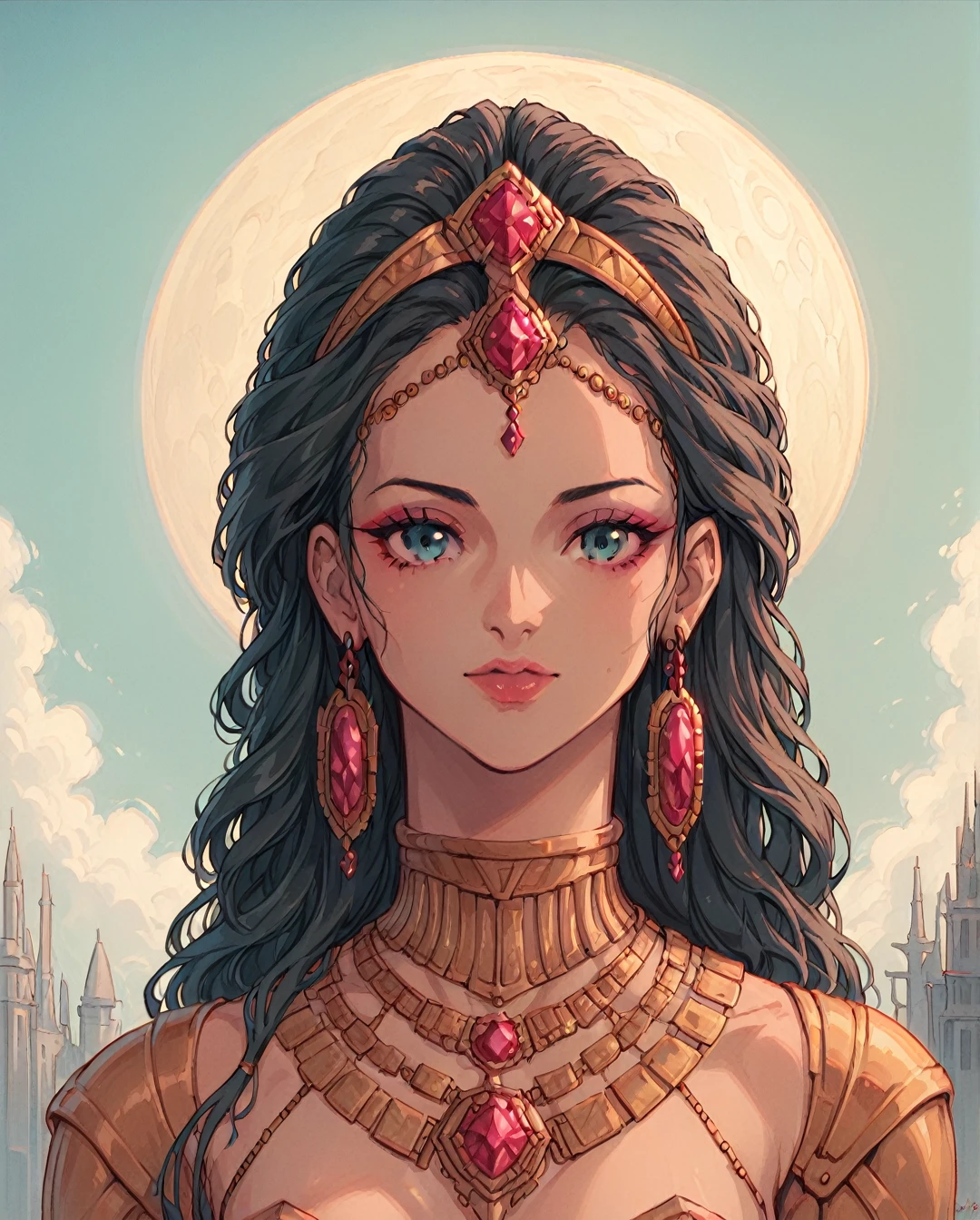 A cybernetically enhanced Arabian woman, her body adorned with intricate metallic implants that shimmer in the neon-lit cityscape. In a stunning digital painting, she is depicted with flowing robes and exotic jewelry, blending traditional Arab culture with futuristic technology. The image is incredibly detailed, capturing every gleaming circuit and sparkling gem with precision and artistry. The overall effect is mesmerizing, drawing viewers into a world where ancient elegance meets cutting-edge innovation.