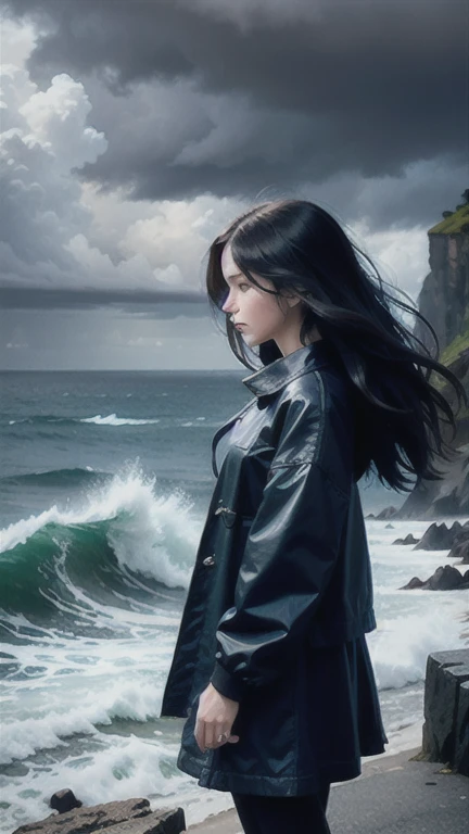 silhouette art, 1 girl with aesthetic small breasts and very tousled shaggy long dark hair, fluttering in the wind, sketch, anime key visual, landscape of ultra-realistic cliff edge and stormy stormy sea, At noon, sketch, Islandpunk, moody lighting, oversaturated, overlapping compositions