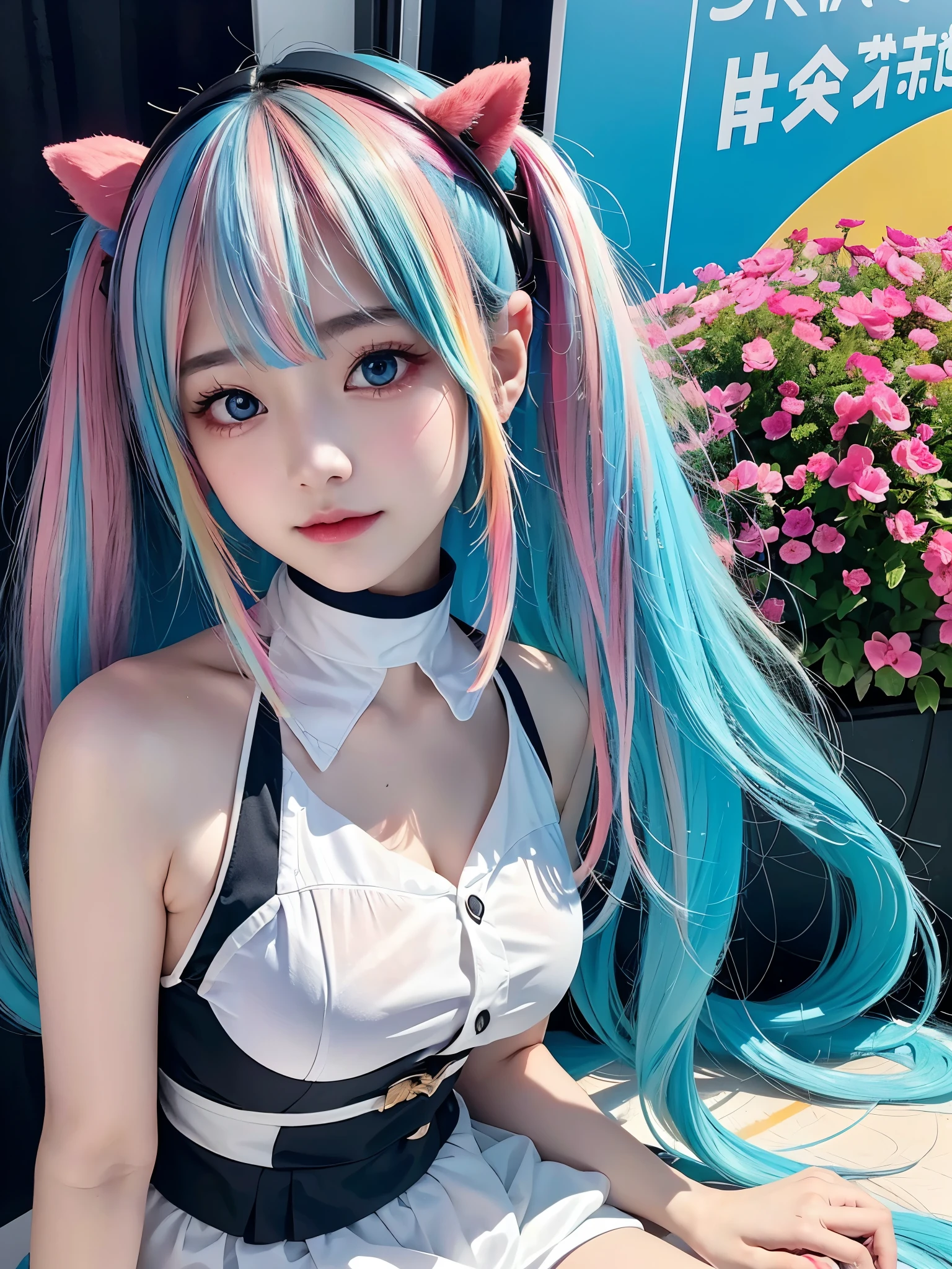 40-year-old Japanese woman、Black Hair、Hair is very short、Twin tails、Hatsune Miku Costume、Headphones、Flat Chest、Realistic photos、Realistic、8K quality、expensive、No bangs、High resolution, Highest quality, Anatomically correct, Winner of numerous awards, looking at the audience, large watery eyes, (rainbow colored hair：1.6), color splash, （solo：1.8）, color splash, color explosion, thick paint style, messy lines, ((shining))，(colorful), (colorful), (colorful), colorful, Thick Paint Style, (Splash) (Color Splash), Vertical Painting, Upper Body, Paint Splash, Acrylic Pigment, Gradient, Paint, Highest Image Quality, Highest Quality, Masterpiece, solo, Depth of Field (elegant: 1.3), (((masterpiece))),(((best quality))),((ultra-detailed)),(illustration),(dynamic angle),((floating)),(paint),((disheveled hair)),(solo),(1girl) , (((detailed anima face))),((beautiful detailed face)),collar,bare shoulders,white hair, ()),((streaked hair)),beautiful detailed eyes,(Gradient color eyes),(((colorful eyes))),(())),(((high saturation))),(((surrounded by colorful)、whole body、Figures、Sold in a box、Doll