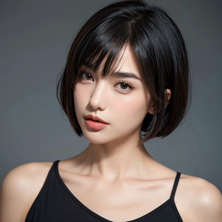 Beautiful girl with short hair with straight front bangs covering her forehead to her eyebrows, hair styles Yor Forger