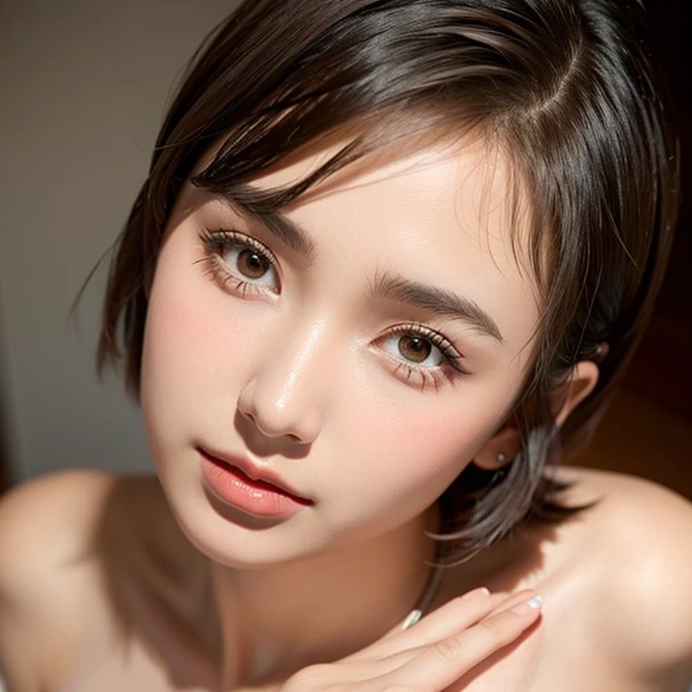 1 Girl, very cute, Great face and eyes, (Highly detailed beautiful face), (Ultra Realistic), (Highly detailed eyes, Highly detailed hair, Highly detailed face, Very detailed full lips), (Off the shoulder), chest, Upper Body, afterglow , (Highest quality:1.4), RAW Photos, (Realistic, photo-Realistic:1.37), Professional photography, Cinematic Light, bob cut、Add light to your hair、Earrings、forehead、freckles、choker、cleavage 、Highly detailed eyesの解像度、Open your mouth a little、Armpits、With open arms、Small breasts、see-through、ahoge