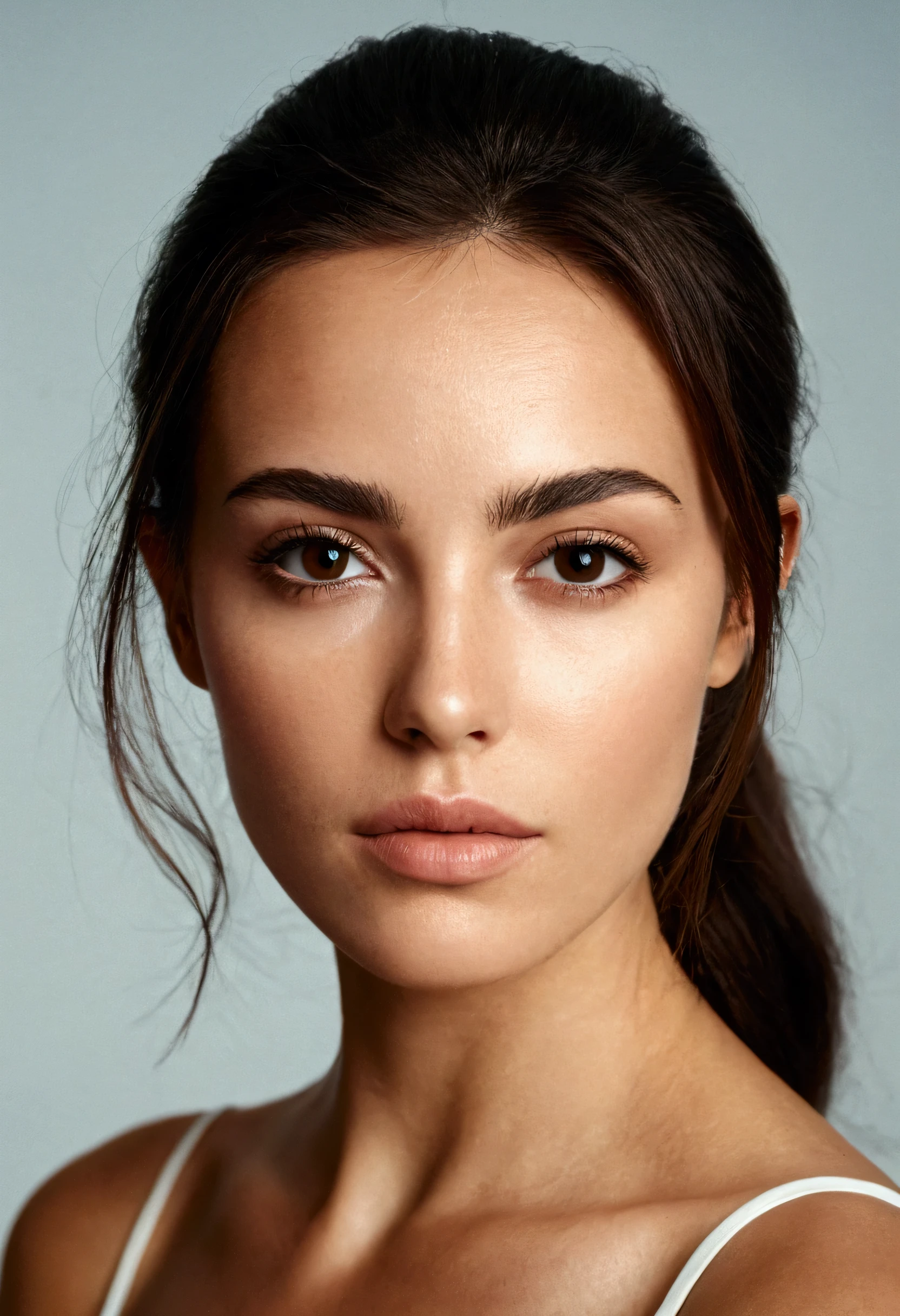 arafed, femme, longs cheveux bruns, maquillage naturel, regard face caméra, maquillage subtil, tout le corps, bel angle, pose confiante, poitrine moyenne, bras toniques, déesse brune, Mince, construire, le réalisme, Photoréaliste, Contraste élevé, texture de peau réaliste, 4 Appareil photo Kodak Portra 400 F1.6 lentilles riches en couleurs, texture ultra réelle., Éclairage dramatique