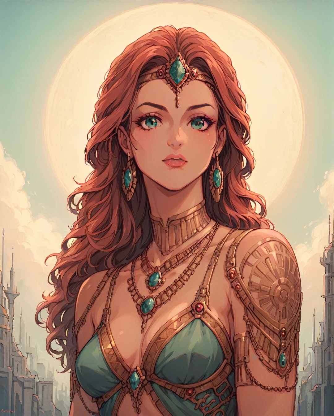 A cybernetically enhanced Arabian woman, her body adorned with intricate metallic implants that shimmer in the neon-lit cityscape. In a stunning digital painting, she is depicted with flowing robes and exotic jewelry, blending traditional Arab culture with futuristic technology. The image is incredibly detailed, capturing every gleaming circuit and sparkling gem with precision and artistry. The overall effect is mesmerizing, drawing viewers into a world where ancient elegance meets cutting-edge innovation.