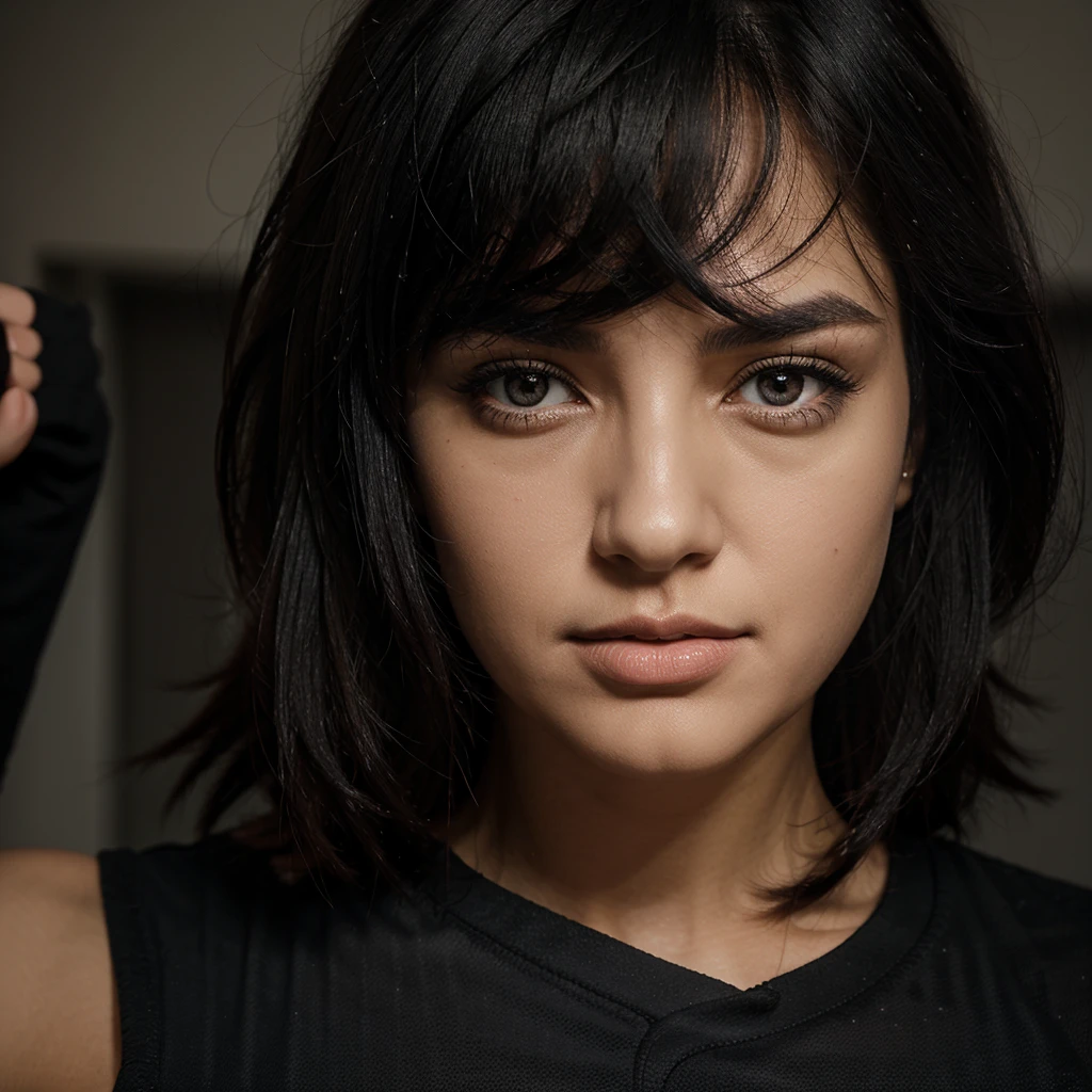 Woman,black jersey,black pantyhouse,Bblack hair,black eyes,