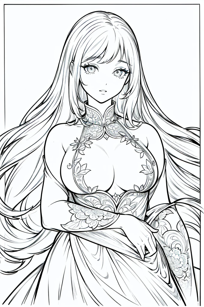 (best quality,4k,8k,highres,masterpiece:1.2),ultra-detailed,(realistic,photorealistic,photo-realistic:1.37),1girl,beautiful detailed eyes,beautiful detailed lips,extremely detailed eyes and face,longeyelashes,long white hair,simple dress draped over body,big breasts,Anime style,lineart,monochrome,coloring page
