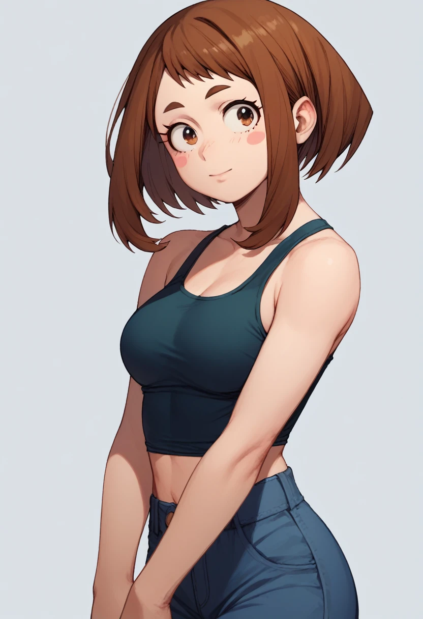 ochako uraraka, brown eyes, brown hair, Modern Mullet with Short Haircut, blush, blush stickers, sexy pose, standing apeallingly