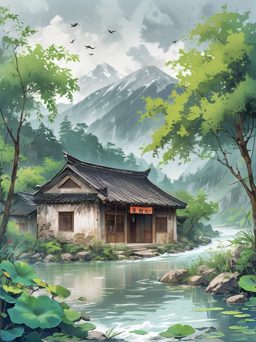 A river in the center, mountain background, grey sky with clouds, green trees