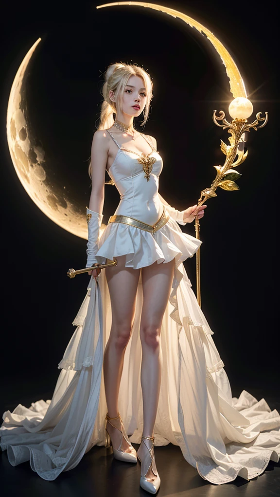 pretty girl, masterpiece, Highest Quality, (Solo full body Focus), (Perfect face:1.1), (high detailing:1.1), (ultradetailed eyes), Dramatic, woman with pale skin and long voluminous yellow hair, blue eyes, Solo, Long hair, Moon, Night, white luxury long drees with frills, Covered navel, Pouty lips, arrogant expression, rose garden, Detailed background, Art by Artgerm, Cinematic lighting, roses, Fashion, BalenciagaStyle, full body, long drees, magical girl, long yellow hair with two high pony tail, full body details, two leg, two arm, holding moon staff, moon scepter, high heels, white dress, magical dress, hourglass figure, small nose, red lips, small nose, white skin, earrings, rings, necklace, bracelet, jewelry, full body details, long white dress with frills and gold details, gold details, on her forehead gold moon symbol, in her hands long moon Staff scepter, magical girl, long wavy yellow hair with two high pony tail, on the dress frills, long moon Staff A little pretty , big breasts, big , realistic picture, white dress with frills, gold jewelry, gold details on the dress, hourglass figure, long dress with frill, yellow hair, two high long pony tail, Lunar Staff, Lunar scepter, two high pony tail,