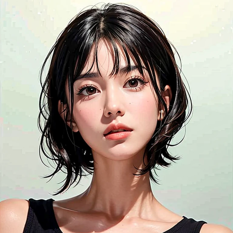 Beautiful girl with short hair with straight front bangs covering her forehead to her eyebrows, hair styles Yor Forger