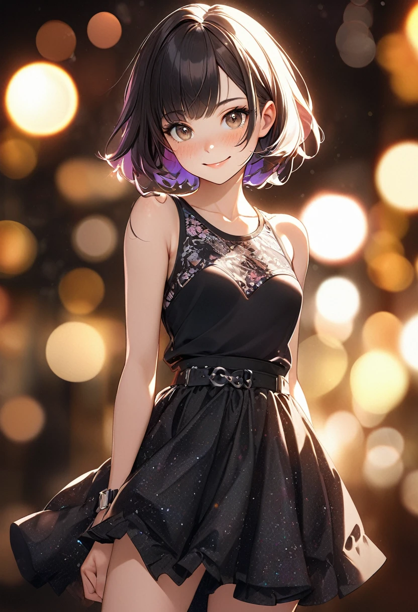 Create a full-body portrait in a digital art style techniques. The subject is a young woman with short hair, showcasing a vividly detailed, heavily freckled face and body. She has a , athletic build with a flat chest and a toned, lithe physique. Dress her in rocker chic clothing. The artwork should be in 16k resolution, 64 megapixels, with a detailed background and whimsical lighting. Ensure her expression is a smile, and she is gazing directly into the camera. Use soft textures, luminescence, and a vibrant background. Apply the rule of thirds for composition and include extreme detail and high resolution. Incorporate subtle bokeh effects (bokeh:2) and backlight for added depth.
