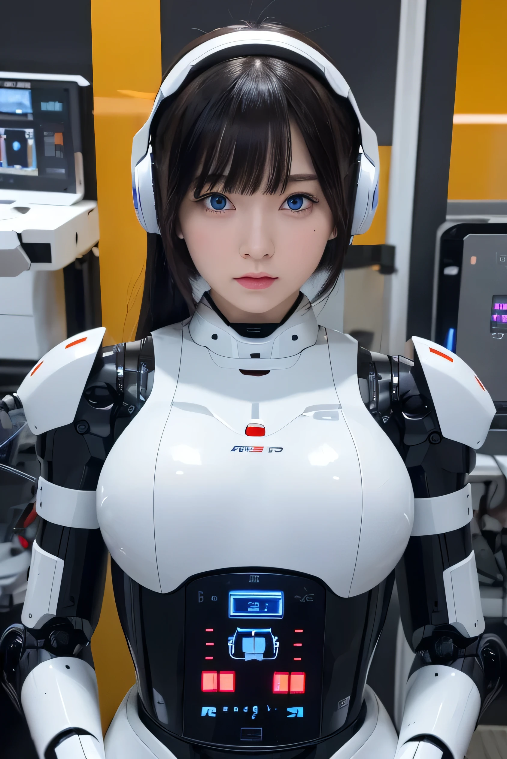 masterpiece, best quality, extremely detailed, Japaese android girl,Plump , control panels,android,Droid,Mechanical Hand, ,Robot arms and legs, Black hair,Mechanical body,Blunt bangs,White Robotics Parts,perfect robot woman,Charging spot,perfect mechanical body,white robotics body,android assembly plant,white body,She has repaired,black sponge joints,android,laboratory,perfect machine body,white robot body,blue eyes