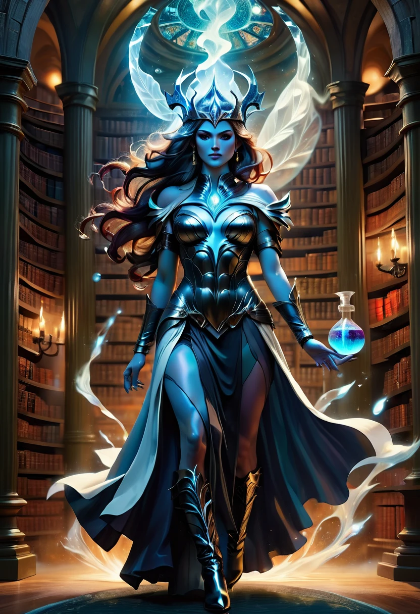a sorceress casting a FireMagicAI spell in magical library exquisite beautiful human woman ((full body shot: 1.5)), ((anatomically correct: 1.5)) (ultra detailed face: 1.2), dynamic skin complexion, dynamic hair style, dynamic hair color,  she is wearing a long dark dress, intricate dark dress, small cleavage, long white cloak, (high heeled boots: 1.3) fantasy magical laboratory, books, potions, and magical study items,  background,  vibrant, Ultra-high resolution, High Contrast, (masterpiece:1.5), highest quality, Best aesthetics), best details, best quality, highres, 16k, [ultra detailed], masterpiece, best quality, (extremely detailed) RAW, fantasy art, dnd art, fantasy art, realistic art,  (ultra details, Masterpiece, best quality), FireMagicAI, Cinematic Hollywood Film, Intense gaze, rpg portrait, photograph