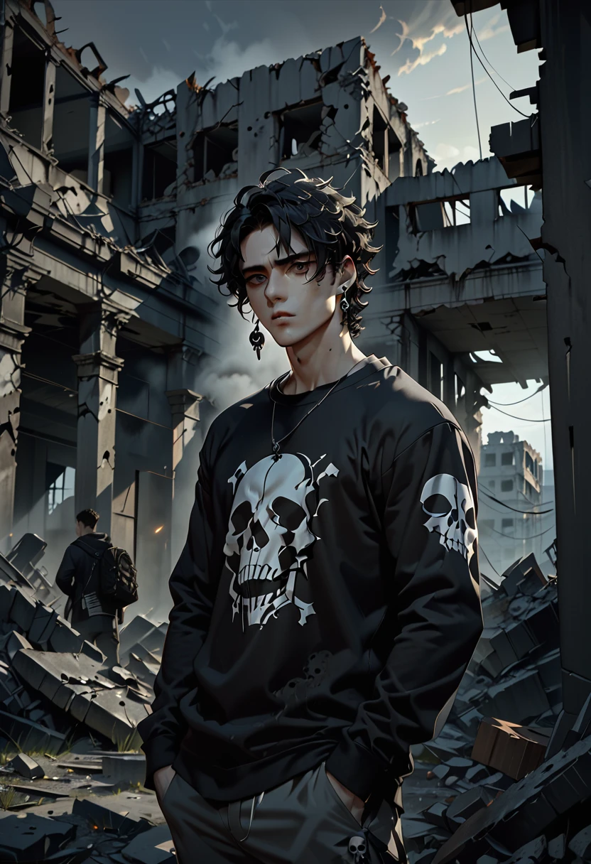 masterpiece, Best quality, permission 8k, male focus, sharp image, stunning composition, Volumetric lighting, super quality, Very detailed, young guy, black curly hair, gray tired eyes, thin build, thin lips, Bags under the eyes, black round earring, black sweatshirt with skull print, post apocalypse, Ruin