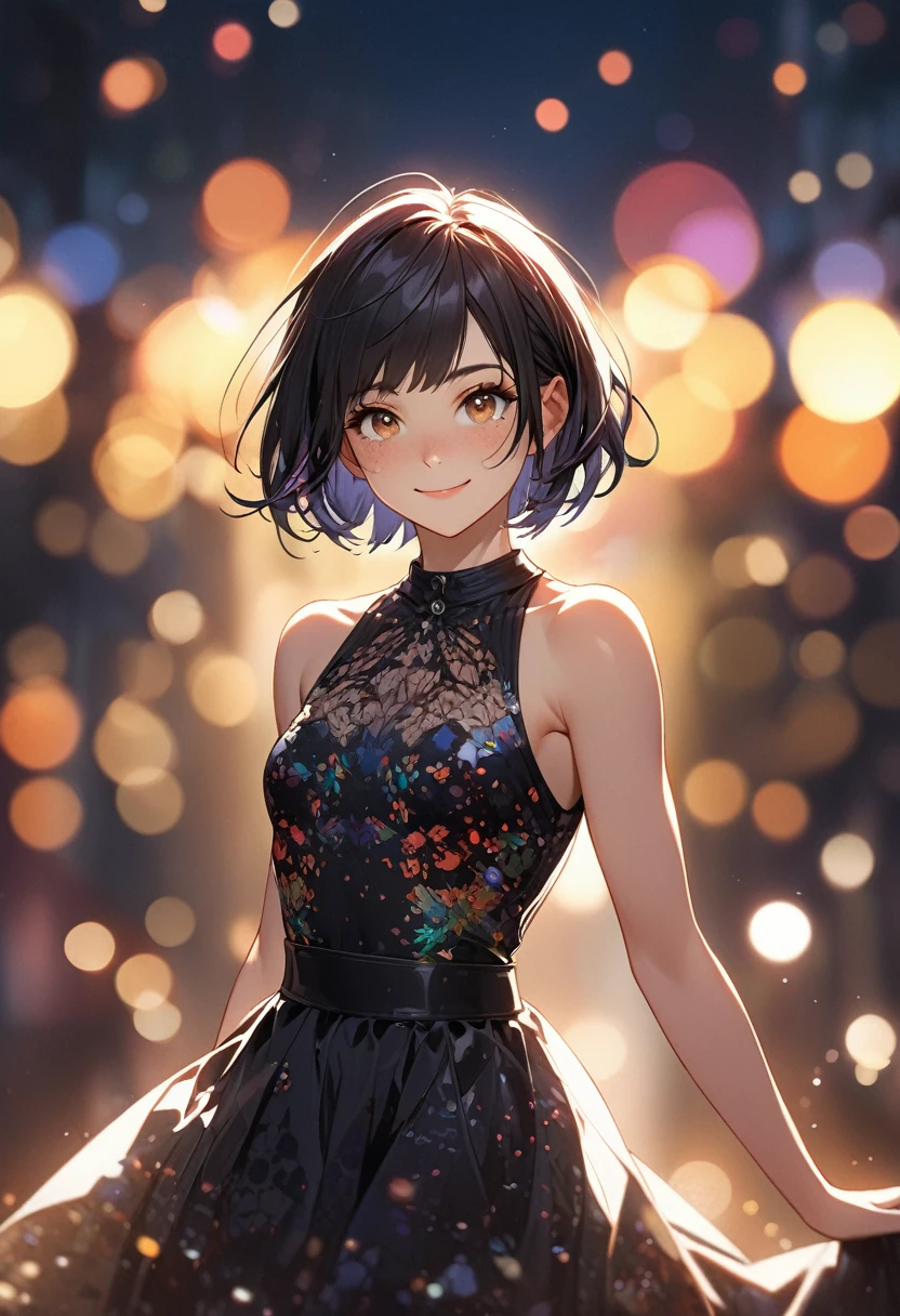 Create a full-body portrait in a digital art style techniques. The subject is a woman with short hair, showcasing a vividly detailed, heavily freckled face and body. She has a , athletic build with a flat chest and a toned, lithe physique. Dress her in rocker chic clothing. The artwork should be in 16k resolution, 64 megapixels, with a detailed background and whimsical lighting. Ensure her expression is a smile, and she is gazing directly into the camera. Use soft textures, luminescence, and a vibrant background. Apply the rule of thirds for composition and include extreme detail and high resolution. Incorporate subtle bokeh effects (bokeh:2) and backlight for added depth.
