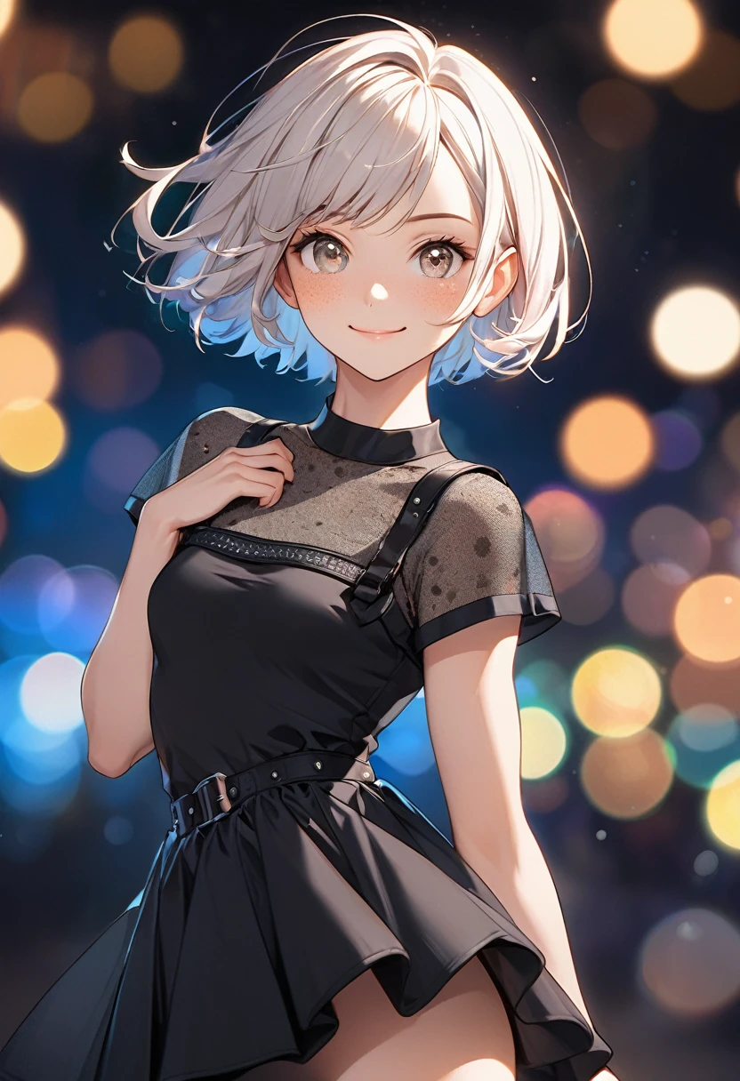 Create a full-body portrait in a digital art style techniques. The subject is a woman with short hair, showcasing a vividly detailed, heavily freckled face and body. She has a , athletic build with a flat chest and a toned, lithe physique. Dress her in rocker chic clothing. The artwork should be in 16k resolution, 64 megapixels, with a detailed background and whimsical lighting. Ensure her expression is a smile, and she is gazing directly into the camera. Use soft textures, luminescence, and a vibrant background. Apply the rule of thirds for composition and include extreme detail and high resolution. Incorporate subtle bokeh effects (bokeh:2) and backlight for added depth.
