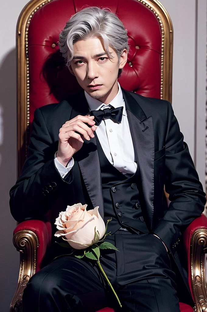 RM, a vampire, having an oldstyle black suit and white shirt, medium gray hair up to his neck, sitting on a royal chair and having a red rose in one hand