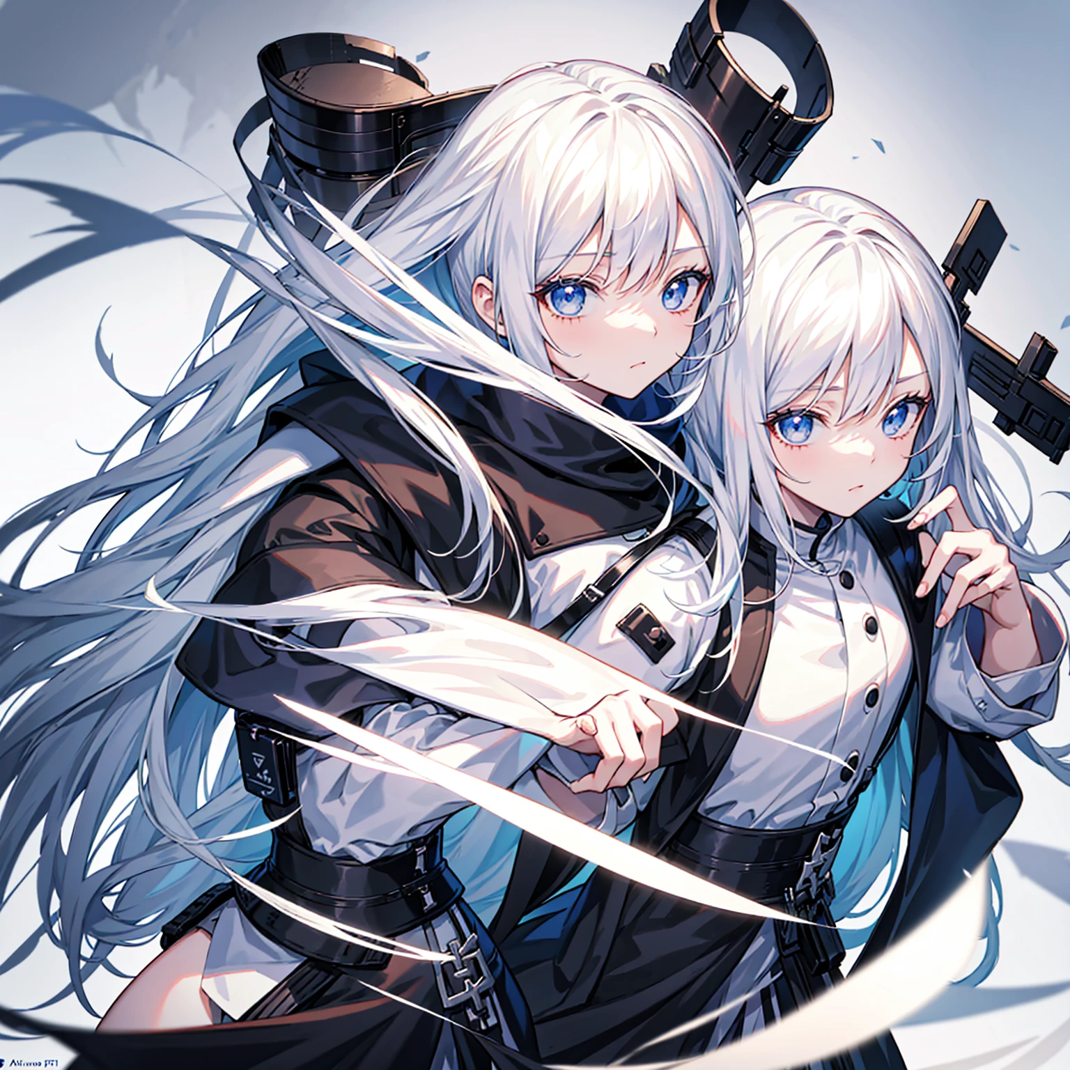 White haired cartoon character on a black background, Concept Art：Shitao, pixiv Contest Winner, Neoism, From Arknights, White-haired God,  非常に詳細なOfficial artwork, artstation pixivでトレンド, Digital art on Pixiv, From Girls Frontline, Girls Frontline Universe, Official character art, Official artwork