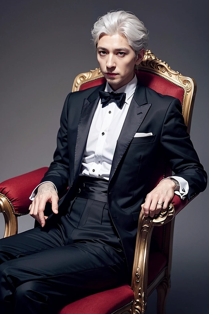 RM, a vampire, having an oldstyle black suit and white shirt, medium gray hair up to his neck, sitting on a royal chair and having a red rose in one hand