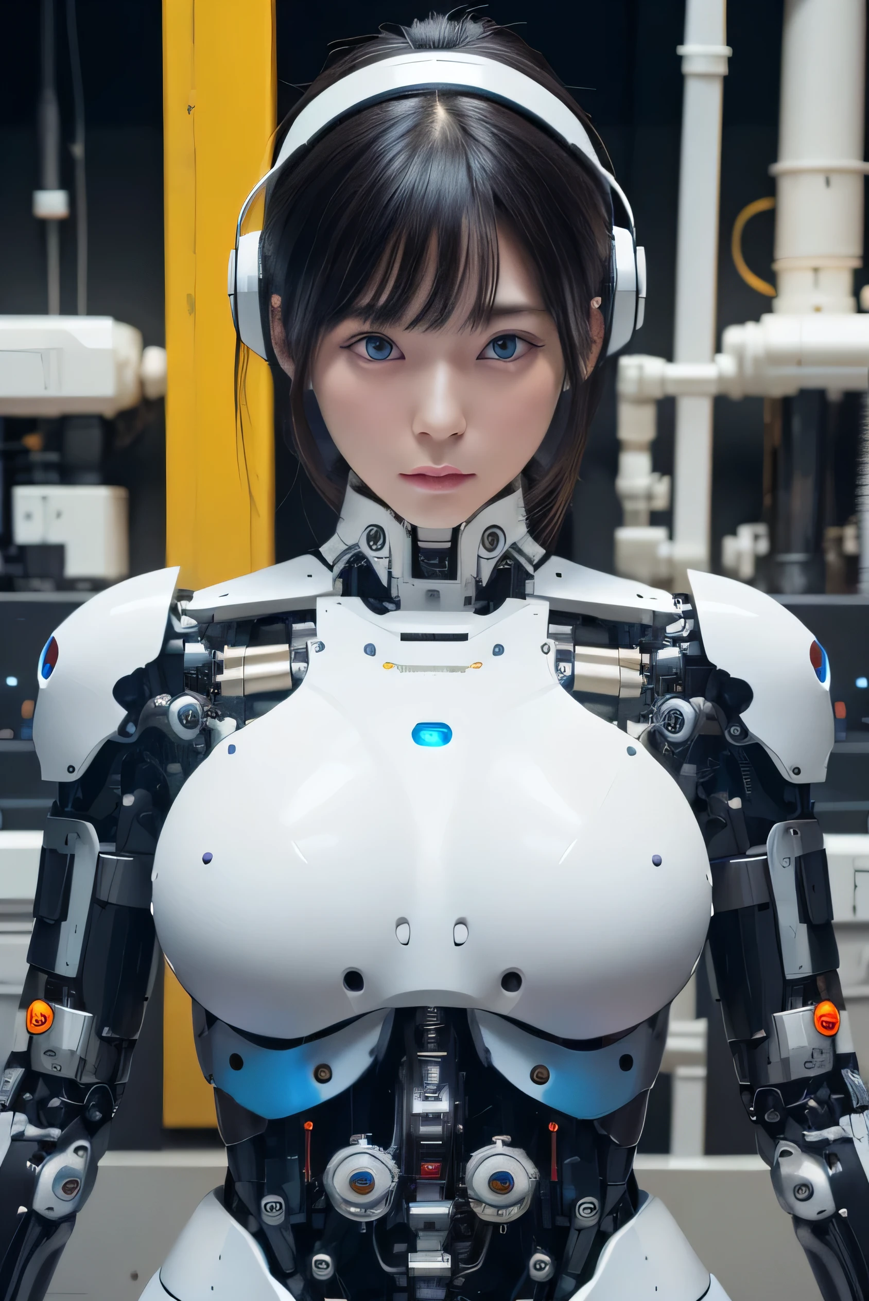 masterpiece, best quality, extremely detailed, Japaese android girl,Plump , control panels,android,Droid,Mechanical Hand, ,Robot arms and legs, Black hair,Mechanical body,Blunt bangs,White Robotics Parts,perfect robot woman,Charging spot,perfect mechanical body,white robotics body,android assembly plant,white body,She has repaired,black sponge joints,android,laboratory,perfect machine body,white robot body,blue eyes