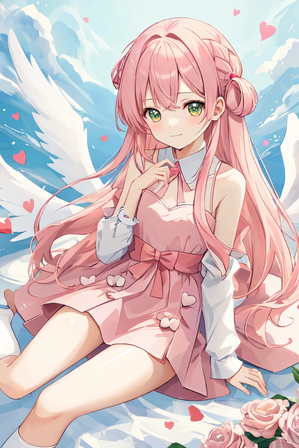 1_girl, (anime, kawai:2), (masterpeice, best_quality, clean:1.5), (sky_background:1.2), (cute, cute_smile, wholesome, young:1.8), (delicate, extremely_delicate, beautiful, thin:1.5), (girlfriend, angel:1.8), (green_eyes, simple_eyes:1.8) (long_hair, blond_hair:1.5), (wearing_pink_dress, pink_angel_wings:1.8), (combat:1.2), extremely_delicate, (love_magic:1.5), (age_size_fits_body), (small_thighs:1.3), (breasts), (eye_level:1.3), (heart_magic, love:1.5), (warm:1.8), (folded_legs:1.5)