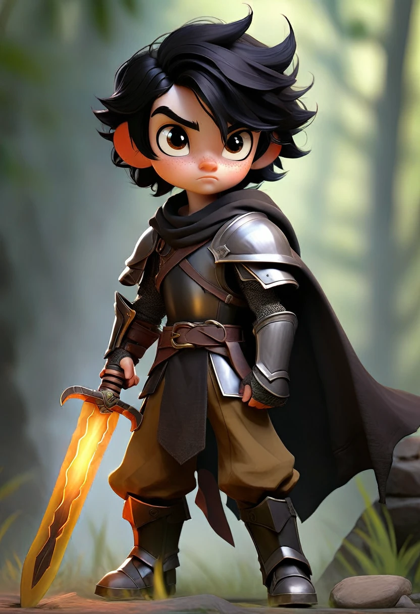 a young boy hybrid with black hair and shadowy eyes, rustic armor, flaming sword