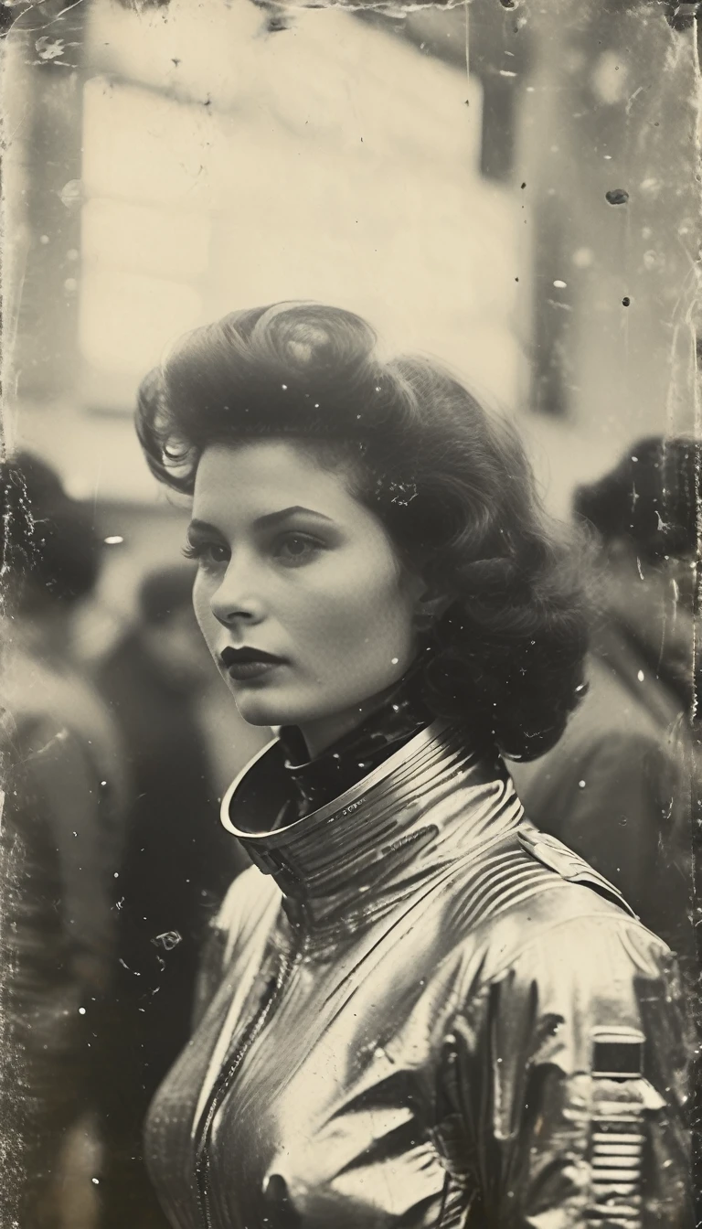 b&W Vintage street photo of woman in retro space fashion in space suit  