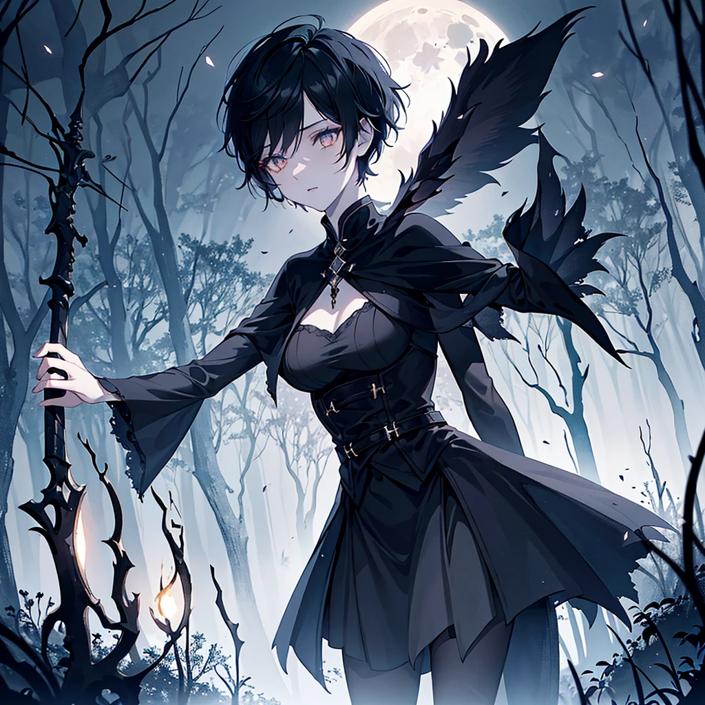 1 woman, black pixie cut hair, pale skin, small mouth, small amber eyes, witch costume, full moon in sky, dark forest backdrop, ethereal, moody lighting, cinematic, dramatic, fantasy, magic, occult, supernatural, hyper detailed, intricate, masterpiece, ultra-detailed, 8k, photorealistic, cinematic lighting, dramatic shadows