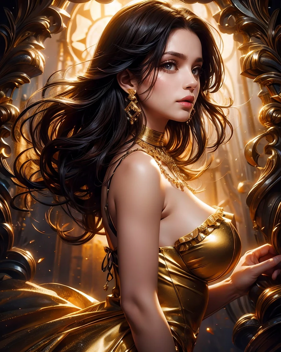 Beautiful brunette woman, 25 years old, stunning body, expressive and clear face, crystal clear eyes, full mouth, long dark curly hair, happy, short black dress with gold details with ruffles and straps, large breasts, jeweled gold earrings and necklace, stained glass background , light for the background, light falling on the hair from behind, perfect hands, a breathtaking image, 8k, HDR.