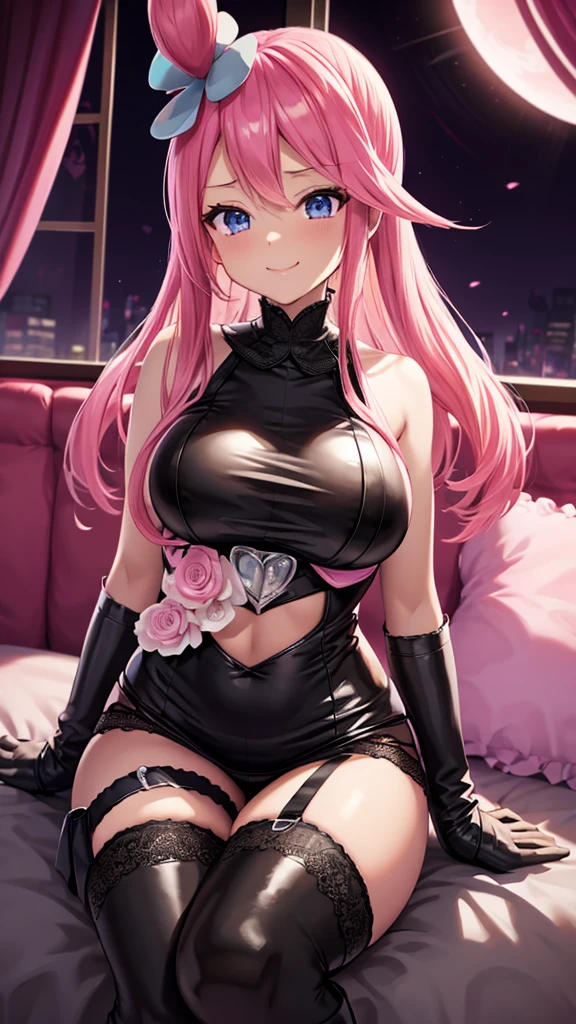 Erotic、Pokemon Skylar、Big Breasts、Tight waist、Gothic ****ta、Pink and black latex dress　Pink line、adult、Married Woman、Evil female warrior、tall、sexy、Wicked Smile、lure、Alluring、excited、Pitch black background、Dark bedroom at night、garter belt、stockings