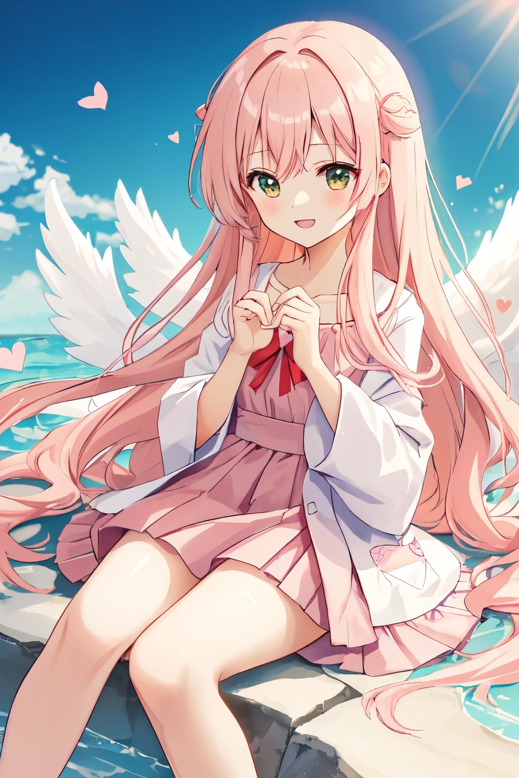 1_girl, (anime, kawai:2), (masterpeice, best_quality, clean:1.5), (sky_background:1.2), (cute, cute_smile, wholesome, young:1.8), (delicate, extremely_delicate, beautiful, thin:1.5), (girlfriend, angel:1.8), (green_eyes, simple_eyes:1.8) (long_hair, blond_hair:1.5), (wearing_pink_dress, pink_angel_wings:1.8), (combat:1.2), extremely_delicate, (love_magic:1.5), (age_size_fits_body), (small_thighs:1.3), (breasts), (eye_level:1.3), (heart_magic, love:1.5), (warm:1.8), (folded_legs:1.5)