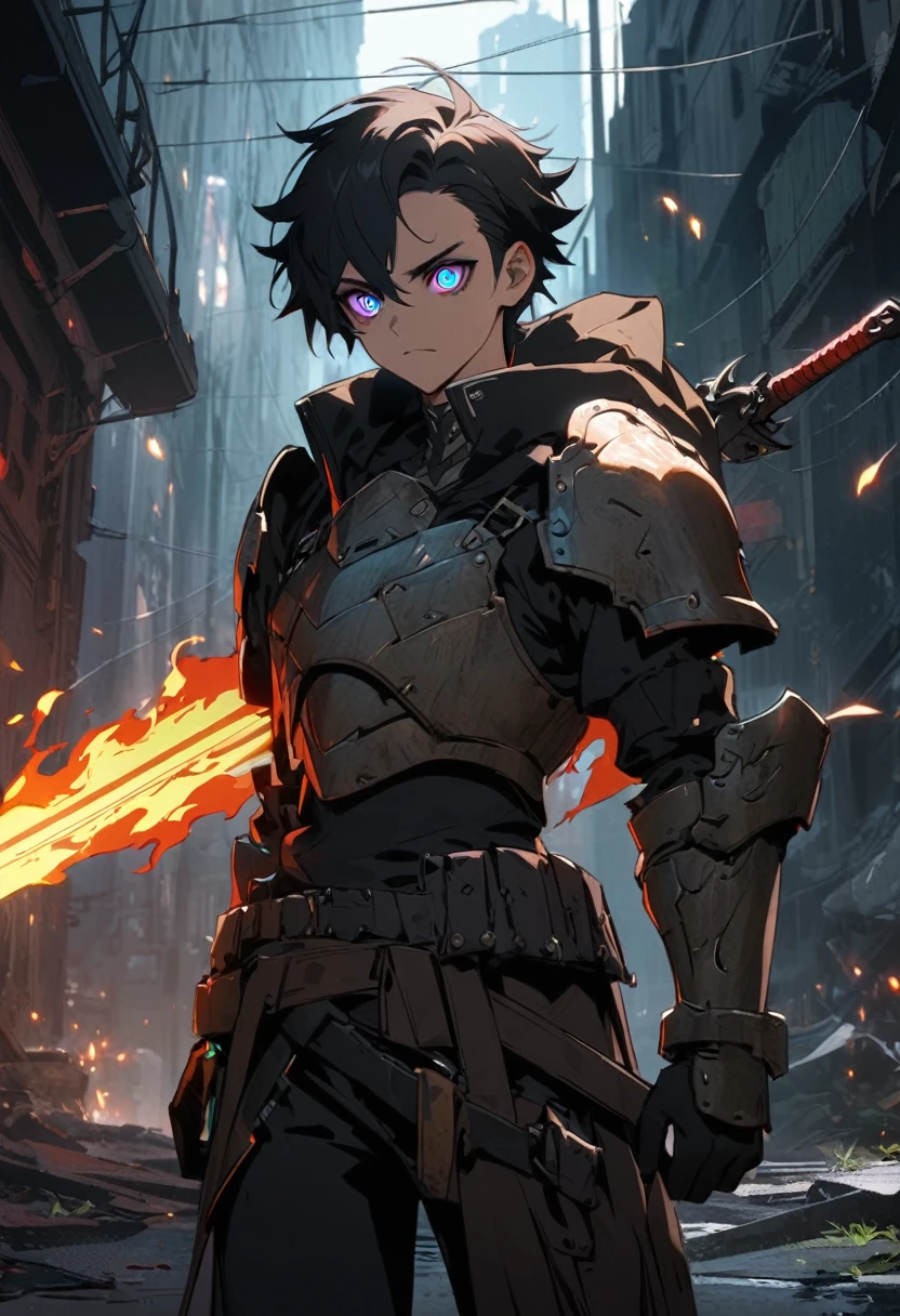 a young boy hybrid with black hair and shadowy eyes, rustic armor, flaming sword, cyberpunk concept