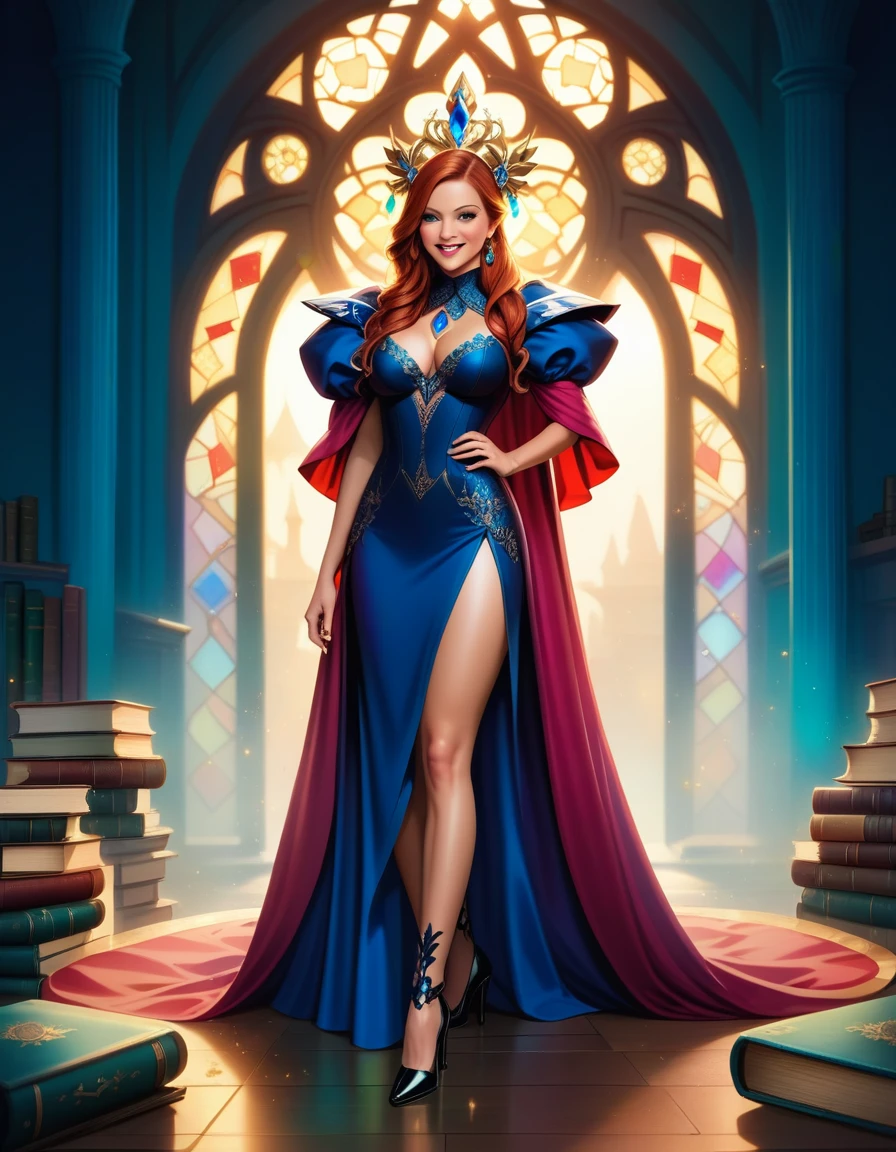 a sorceress casting a AlchemyPunkAI spell in magical library exquisite beautiful human woman ((full body shot: 1.5)), ((anatomically correct: 1.5)) (ultra detailed face: 1.4), dynamic skin complexion, dynamic hair style, dynamic hair color,  she is wearing a long dark dress, intricate dark dress, small cleavage, long white cloak, (high heeled boots: 1.3) fantasy magical laboratory, books, potions, and magical study items,  background,  vibrant, Ultra-high resolution, High Contrast, (masterpiece:1.5), highest quality, Best aesthetics), best details, best quality, highres, 16k, [ultra detailed], masterpiece, best quality, (extremely detailed) RAW,fantasy art, dnd art, fantasy art, realistic art,  (ultra details, Masterpiece, best quality), AlchemyPunkAI, Cinematic Hollywood Film