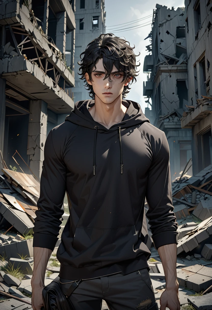 masterpiece, Best quality, permission 8k, male focus, sharp image, stunning composition, Volumetric lighting, super quality, Very detailed, young guy, black curly hair, gray tired eyes, thin build, thin, bony, thin lips, Bags under the eyes, Black hoodie, post apocalypse, Ruin