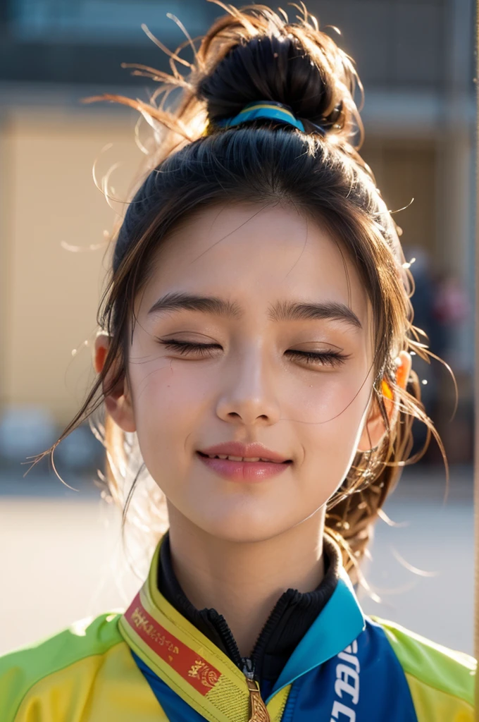 1 girl, in olympic jacket:1.2, looking up in the sky:1.3, ponytail, crying:1.2, touching, smiling, close eyes, kissing gold medal:1.3, high resolution, high detail, detailed face, emotional, 8k, best quality, realistic, medium close up, cinematic lighting, light from the back, bokeh, tearing up:1.2, gold medal:1.3