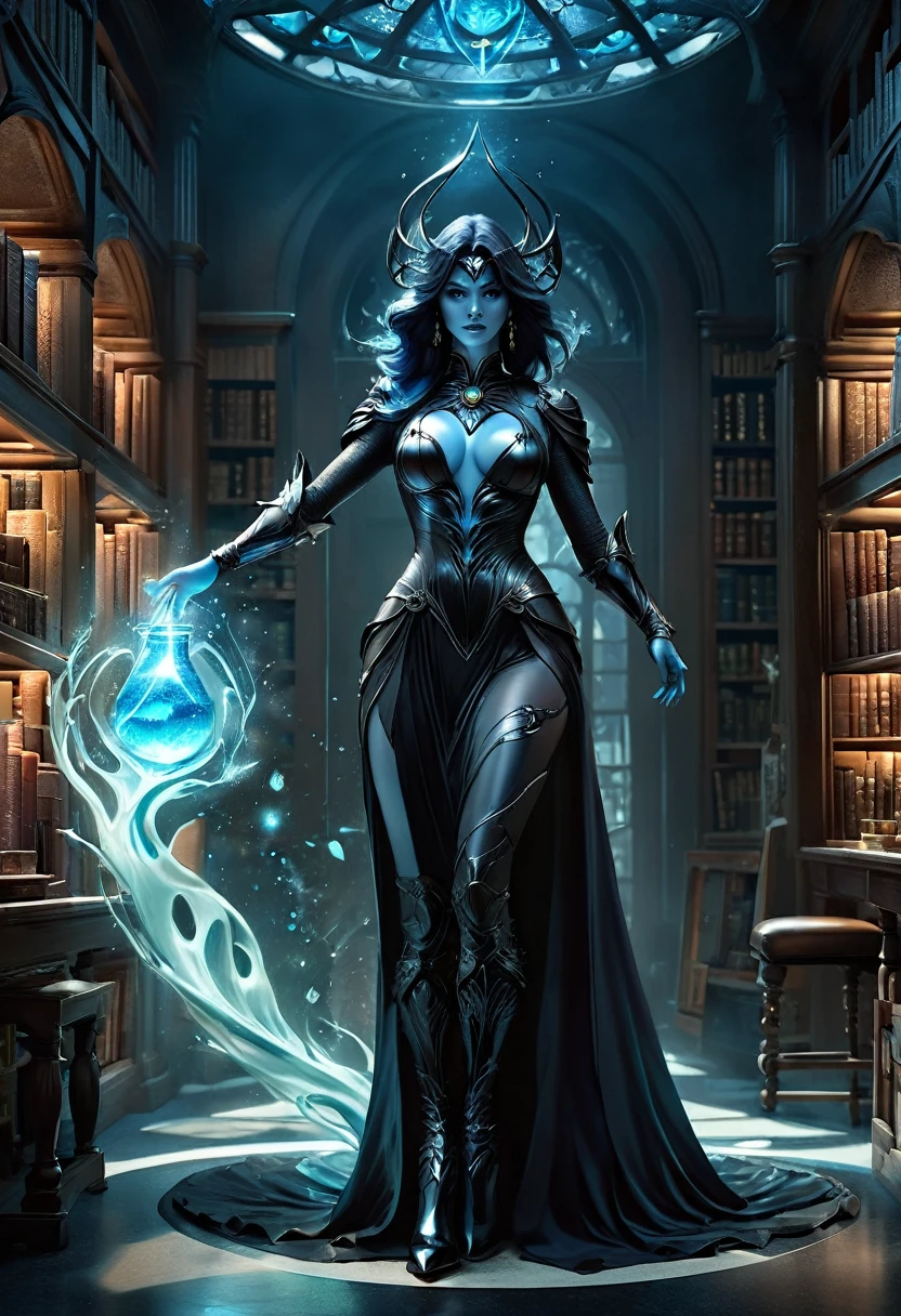a sorceress casting a AlchemyPunkAI spell in magical library exquisite beautiful human woman ((full body shot: 1.5)), ((anatomically correct: 1.5)) (ultra detailed face: 1.2), dynamic skin complexion, dynamic hair style, dynamic hair color,  she is wearing a long dark dress, intricate dark dress, small cleavage, long white cloak, (high heeled boots: 1.3) fantasy magical laboratory, books, potions, and magical study items,  background,  vibrant, Ultra-high resolution, High Contrast, (masterpiece:1.5), highest quality, Best aesthetics), best details, best quality, highres, 16k, [ultra detailed], masterpiece, best quality, (extremely detailed) RAW,fantasy art, dnd art, fantasy art, realistic art,  (ultra details, Masterpiece, best quality), AlchemyPunkAI, Cinematic Hollywood Film