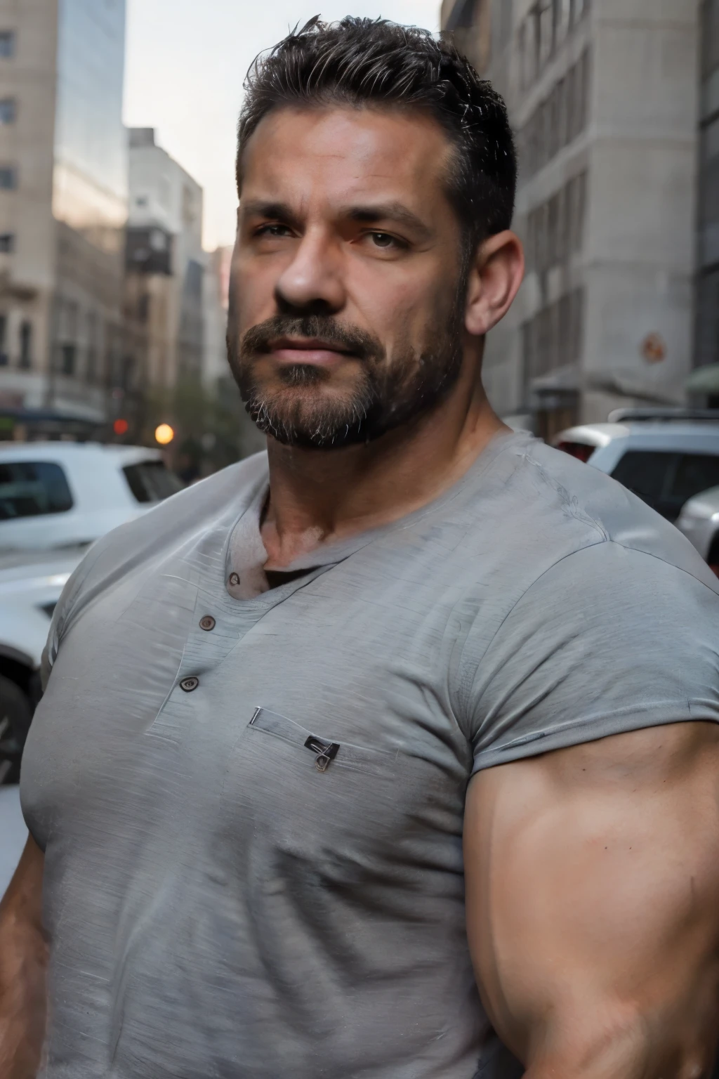 Masterpiece, Best Quality, Ultra-Detailed, 1man, muscular male, mature male, rugged male, 36 years old, bara, jock, stud, bara, black hair, (((crew cut:1.0))), black beard, stubble, (stubble beard:1.0), dg_Mark, muscular, looking front, realistic, intricate details, detailed background, depth of field, Masculine 36yo middle-aged 1man dg_Mark, encouraging facial expression, muscular, dad bod, casual clothes, short sleeves shirt, cowboy shot, city background