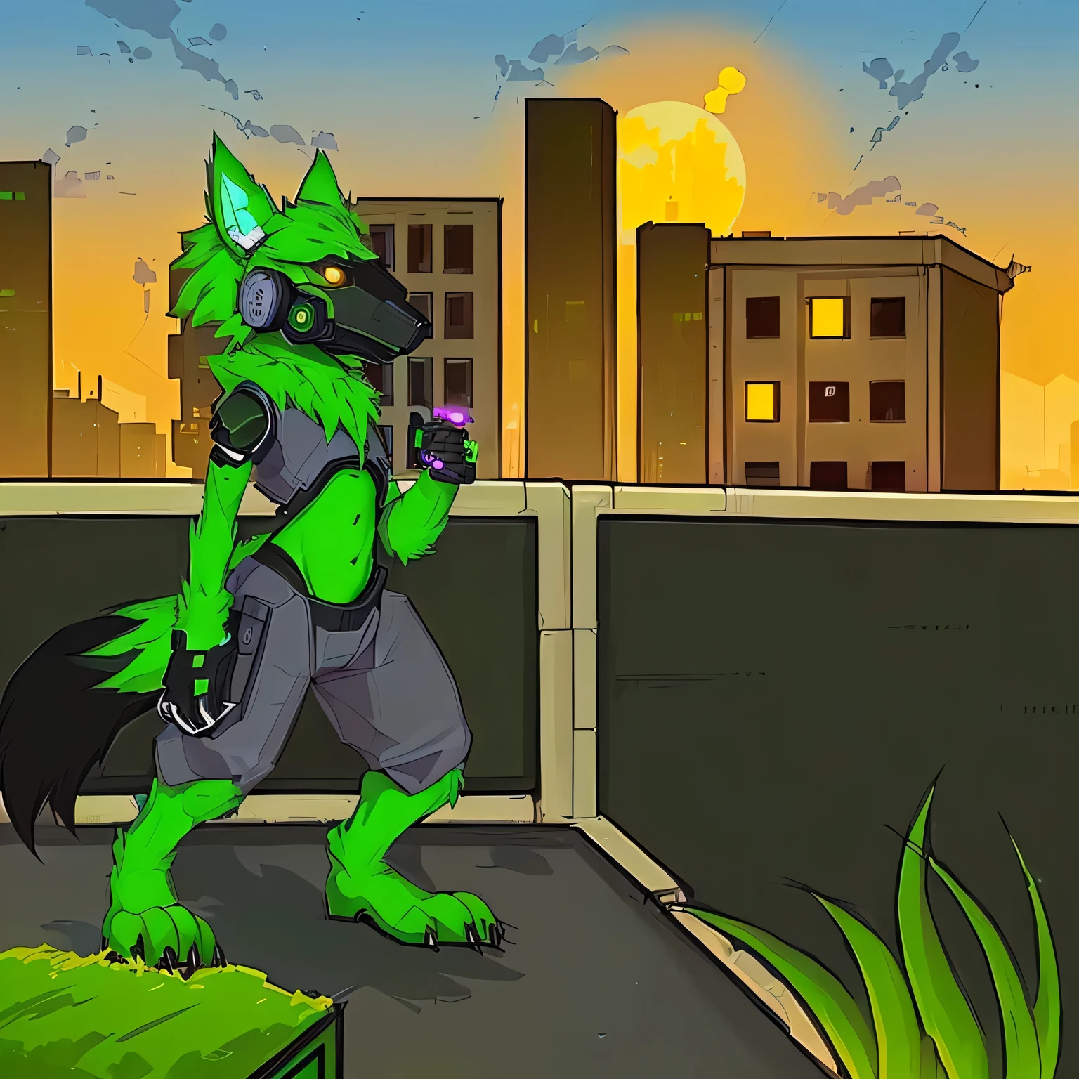 Cartoon illustration of a green monster, that runs down the street, an anthropomorphic cyberpunk fox, digital green fox, Fursona Furry Art Commission, stylized urban fantasy artwork, weirdcore voidpunk fursona, Fursona commission, standing on a roof, master chief in cyberpunk city, on a roof, city roof, city in the background, on a roof
