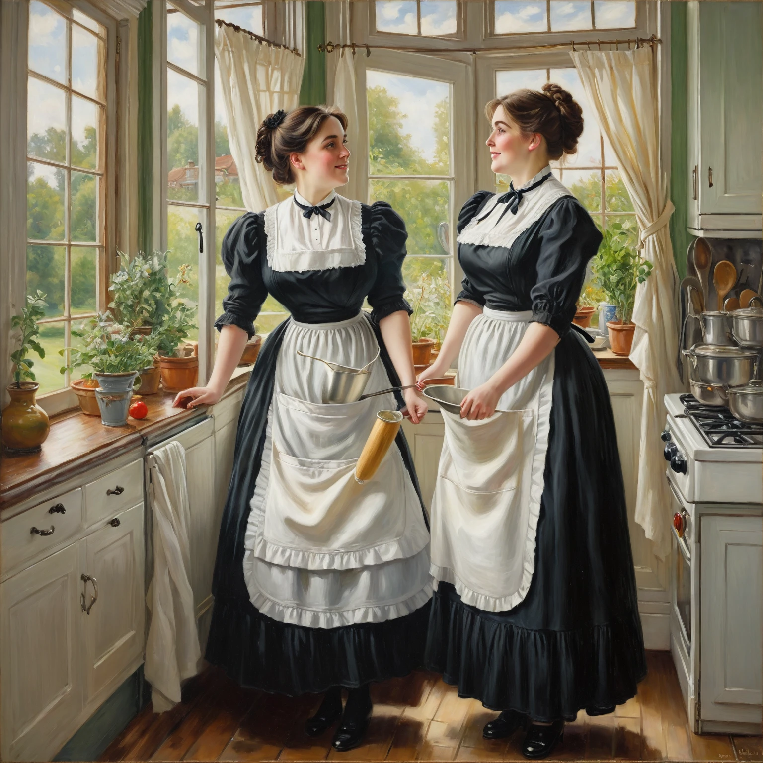 Full body shot of two buxom fully figured 30 years old Victorian ladies wearing black dresses and white apron. standing at the window of her kitchen and chatting , oil painting