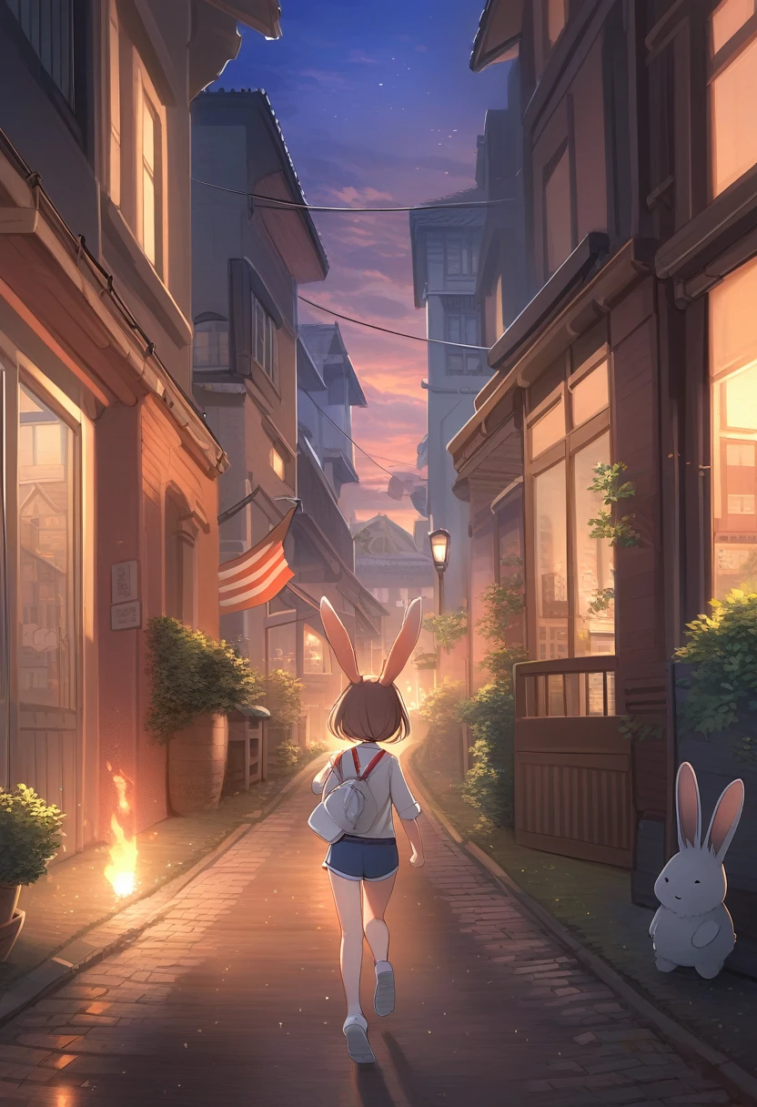 ((Masterpiece)), ((Best Quality)), (Very Detailed), ((Very Detailed)), 4K, (8K), very aesthetic, absurdres highres, 1 girl, (anthropomorphic Rabbit, furry, kemono:1.5), A scene in which runners run while holding the torch high in the sunset, with a cityscape in the background. Warm light illuminates the flames of the torches, and the faces of the runners show determination and pride. Many people gathered along the road, waving flags and cheering with hope and pride. In the background are historical buildings and modern buildings, giving you a sense of the city's vibrancy. The sky at sunset turns orange and pink, creating a warm atmosphere overall.