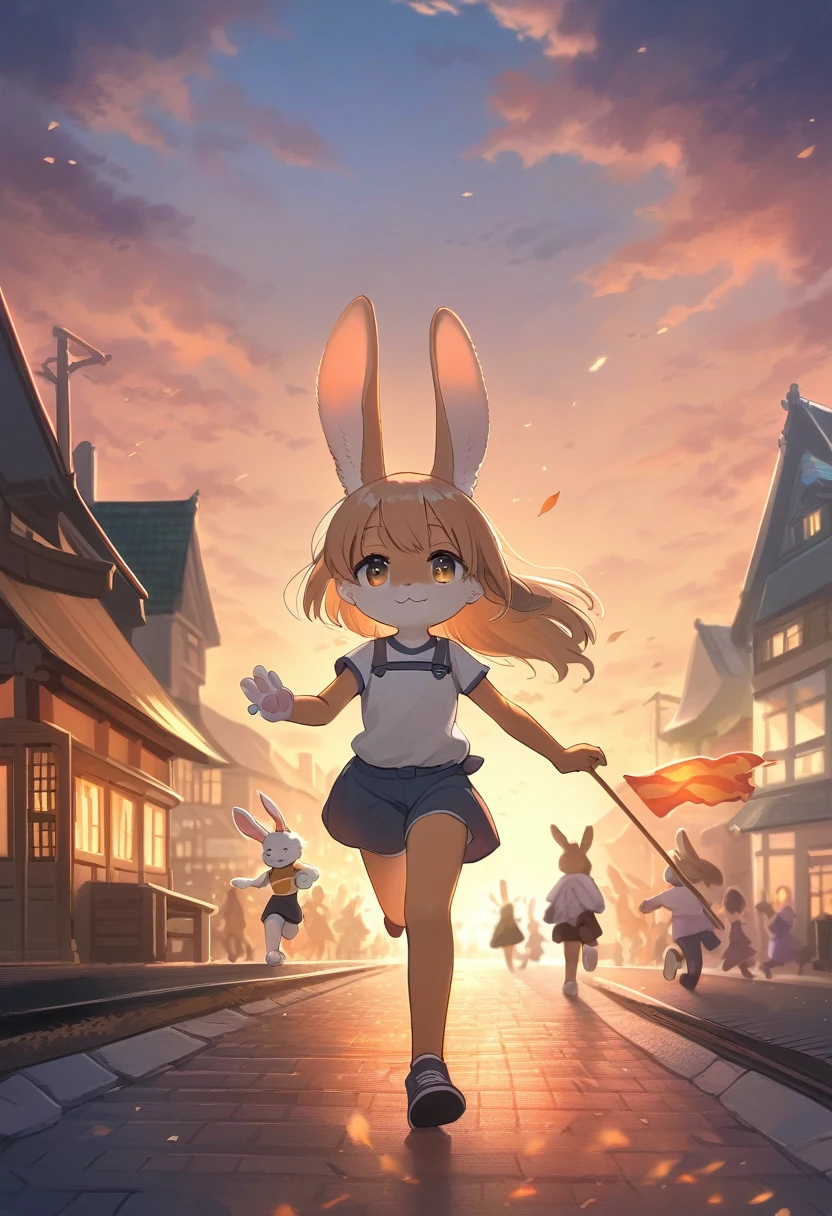 ((Masterpiece)), ((Best Quality)), (Very Detailed), ((Very Detailed)), 4K, (8K), very aesthetic, absurdres highres, 1 girl, (anthropomorphic Rabbit, furry, kemono:1.5), A scene in which runners run while holding the torch high in the sunset, with a cityscape in the background. Warm light illuminates the flames of the torches, and the faces of the runners show determination and pride. Many people gathered along the road, waving flags and cheering with hope and pride. In the background are historical buildings and modern buildings, giving you a sense of the city's vibrancy. The sky at sunset turns orange and pink, creating a warm atmosphere overall.